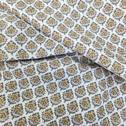100% LINEN Fabric block print mustard brown yellow on white - heavy linen fabric upholstery home decor or medium for clothing 2513 Vadodara