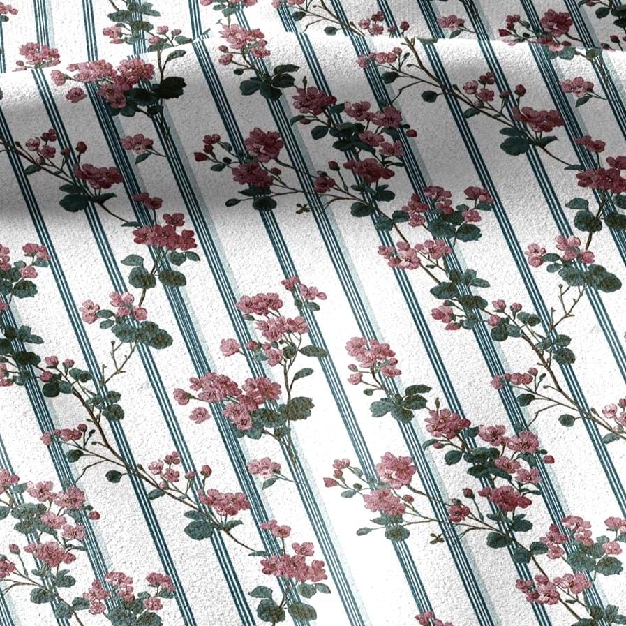 100% linen fabric floral stripe print - Vintage botanical - Historical pattern upholstery dress making 3350