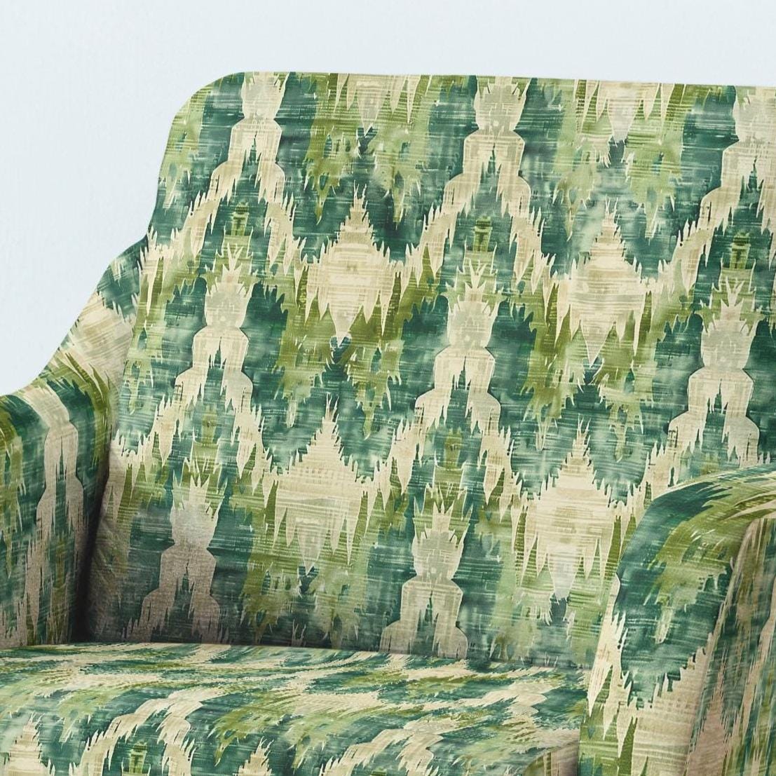 100% LINEN Fabric UPHOLSTERY 12oz - Green ikat print on linen 2087