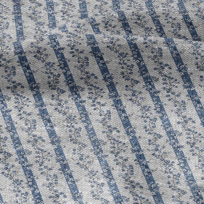 100% LINEN Fabric floral stripe block print on oatmeal linen - blue gray heavy fabric for upholstery - medium weight linen dress making 2502