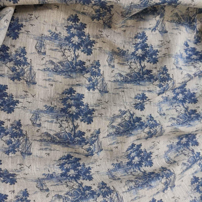 100% LINEN Fabric Toile de Jouy with ship and island print, oatmeal natur linen  with blue indigo coastal print, linen fabric home decor