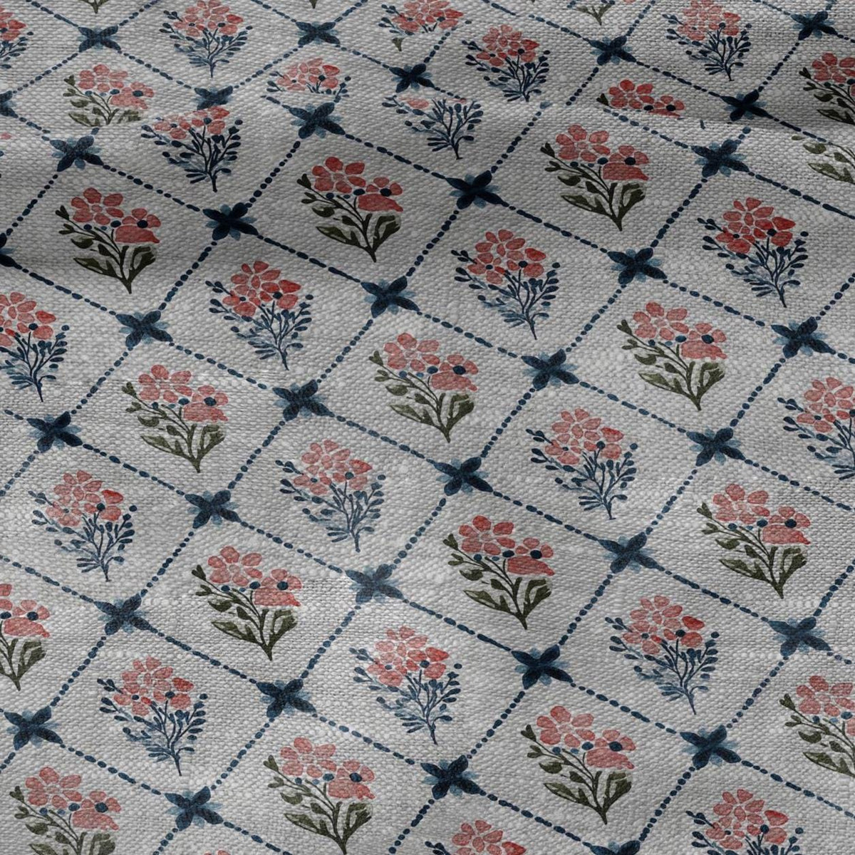 100% LINEN Fabric Rhomb trellis floral geometric print - oatmeal linen fabric botanical - heavy for home decor clothing 3093