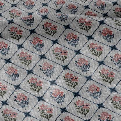 100% LINEN Fabric Rhomb trellis floral geometric print - oatmeal linen fabric botanical - heavy for home decor clothing 3093