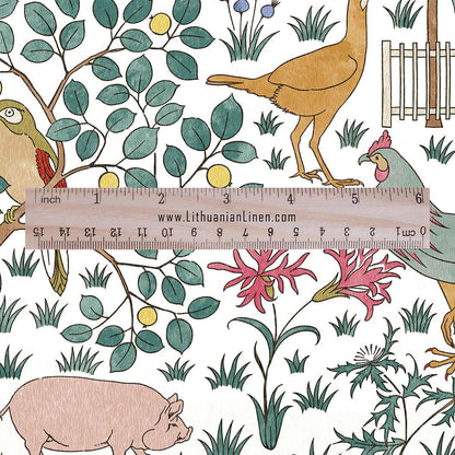 100% linen fabric - In my orchard by Voysey - rooster pig bird tree - Victorian Art crafts - Historical pattern home decor dress making 3005