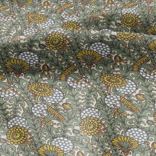 100% linen Vintage Dandelion prints fabric for Curtain Upholstery Cushion - yellow green floral print fabric for dress making sewing