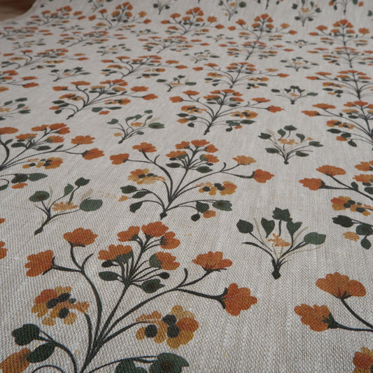 100% LINEN Fabric block print on oatmeal natur linen fabric with yellow floral print, heavy linen fabric for upholstery home decor