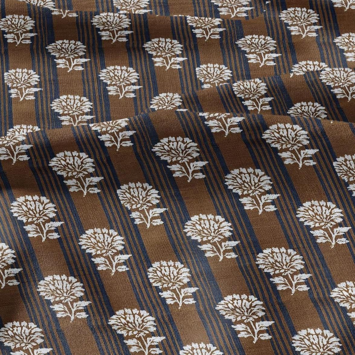 100% LINEN Fabric Brown blue flower block print - botanical textile artisan fabrics  3800