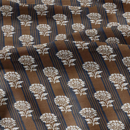 100% LINEN Fabric Brown blue flower block print - botanical textile artisan fabrics  3800