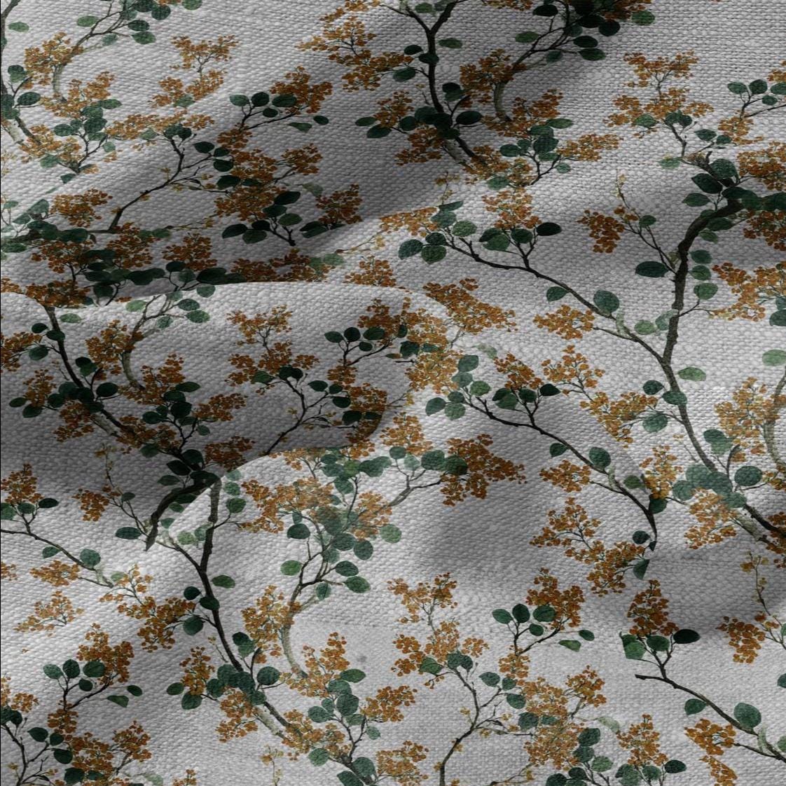 100% LINEN Fabric yellow mimosa blossom print - oatmeal linen fabric with floral botanical print - modern vintage 3057