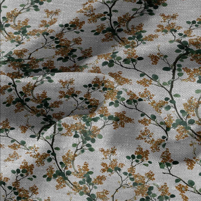 100% LINEN Fabric yellow mimosa blossom print - oatmeal linen fabric with floral botanical print - modern vintage 3057