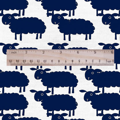 100% LINEN Fabric Block print  Sheep navy blue - animal upholstery home textile artisan fabrics green white 2361