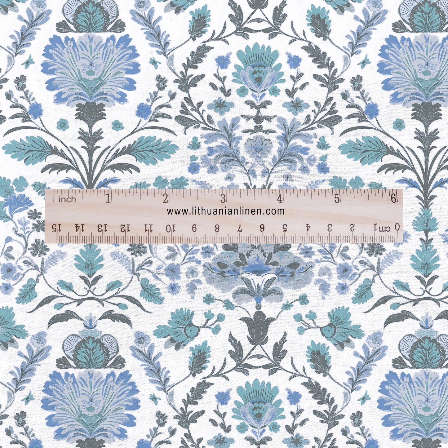 100% LINEN Fabric block print pale blue on white - floral linen Fabric LithuanianLinen for upholstery dressmaking curtains home textile