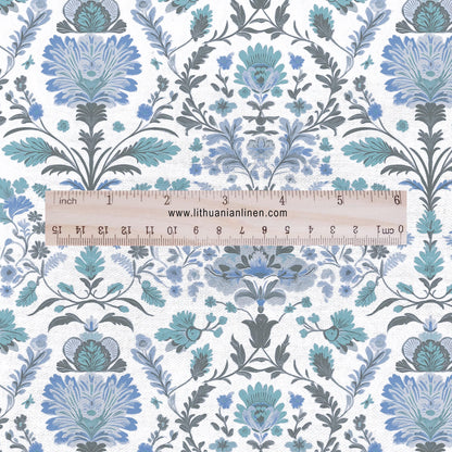 100% LINEN Fabric block print pale blue on white - floral linen Fabric LithuanianLinen for upholstery dressmaking curtains home textile