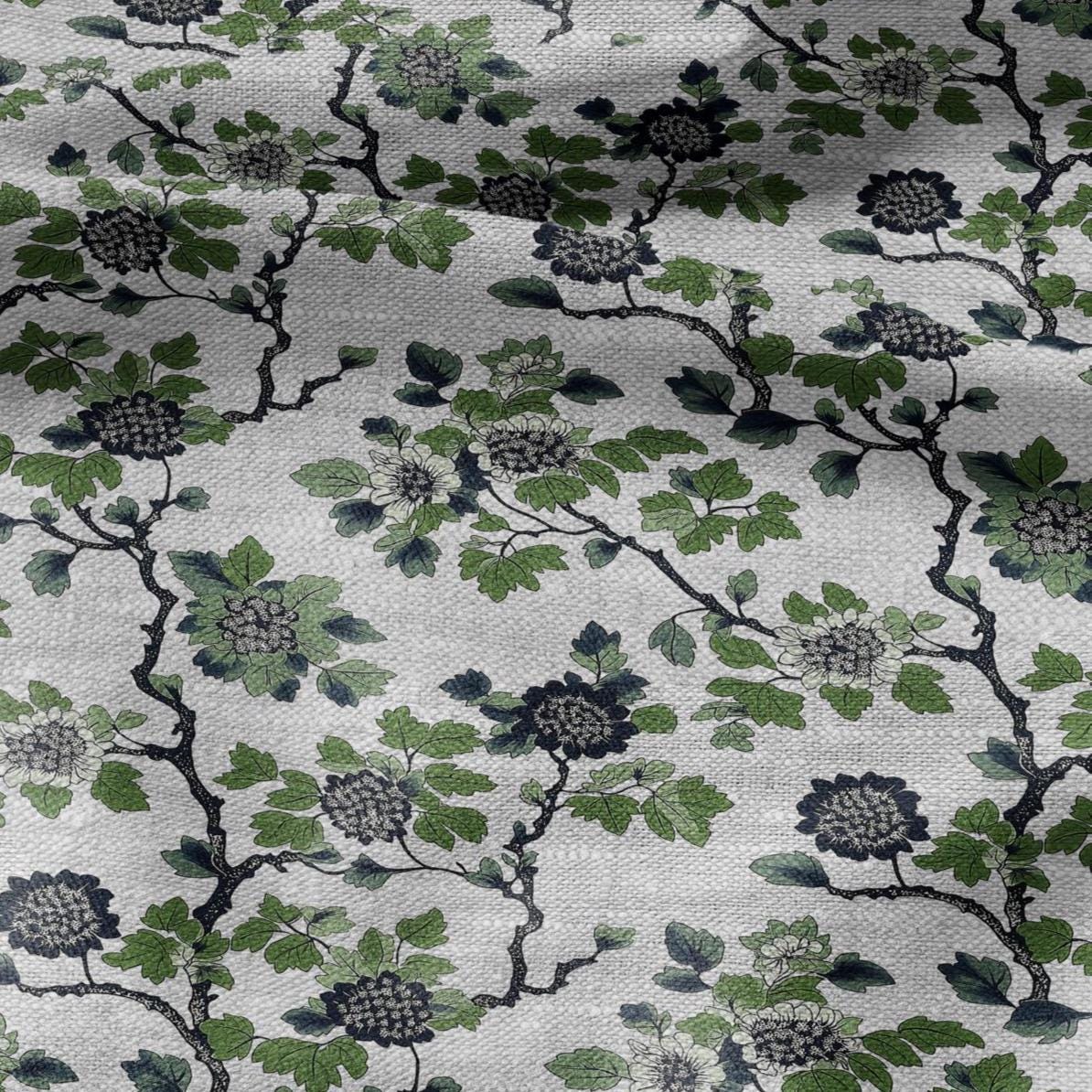 100% LINEN Fabric printgreen blue flower gray - oatmeal linen fabric with botanical print - heavy for home decor clothing 2918