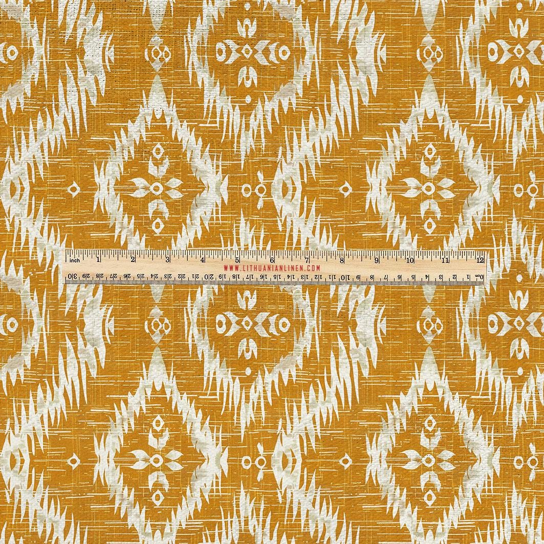 100% LINEN Fabric UPHOLSTERY 12oz - Ikat mustard yellow print on linen - Modern ethnic 2100
