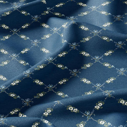 100% LINEN Fabric Floral trellis blue print - botanical indigo blue upholstery curtains dress making 3064