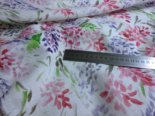100% linen fabric Medium weight 150gsm  Prewashed . Print watercolor flower Lupin. for blouses, dresses, curtains, scarves,