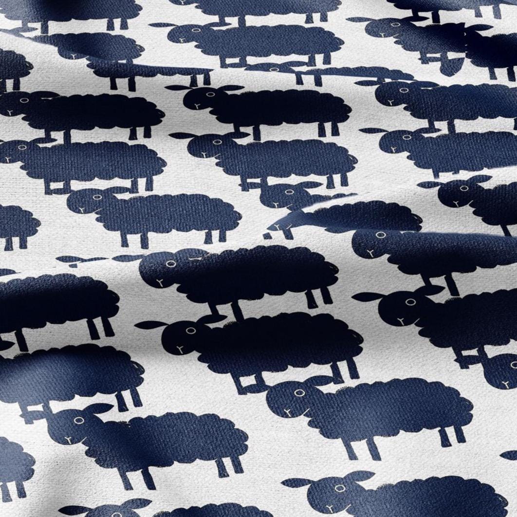 100% LINEN Fabric Block print  Sheep navy blue - animal upholstery home textile artisan fabrics green white 2361