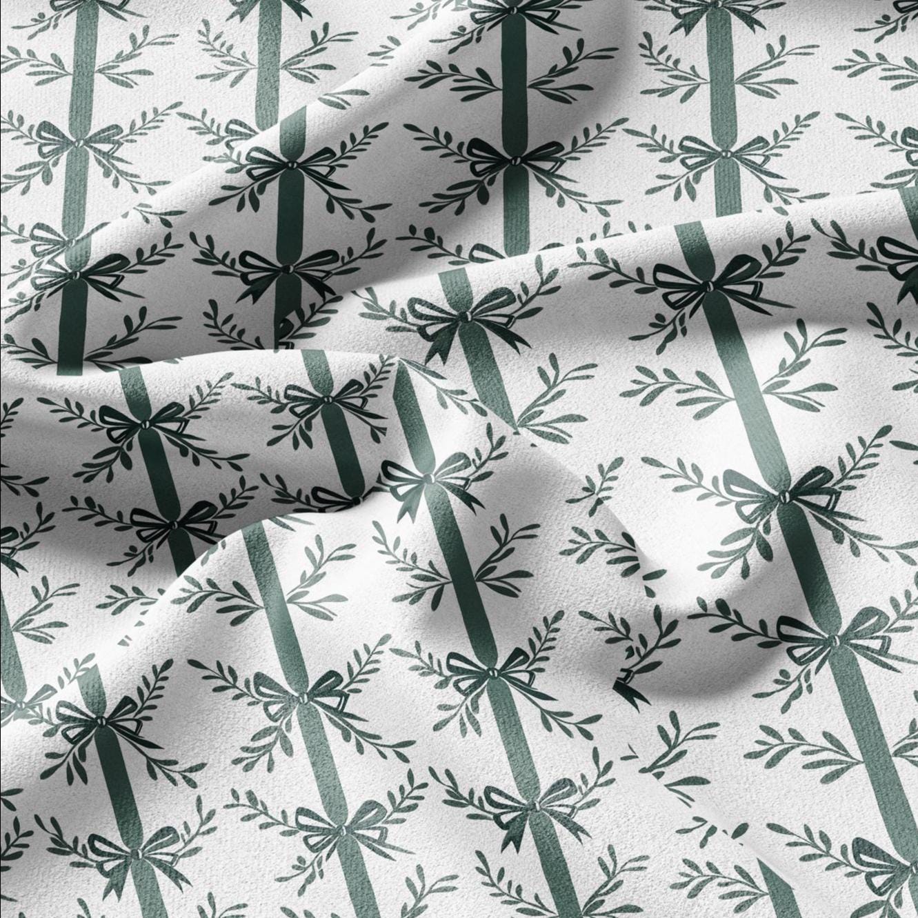 100% LINEN Fabric Green bow block print on white -  heavy linen fabric for upholstery home decor or medium for dress making 2129