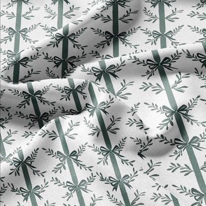 100% LINEN Fabric Green bow block print on white -  heavy linen fabric for upholstery home decor or medium for dress making 2129