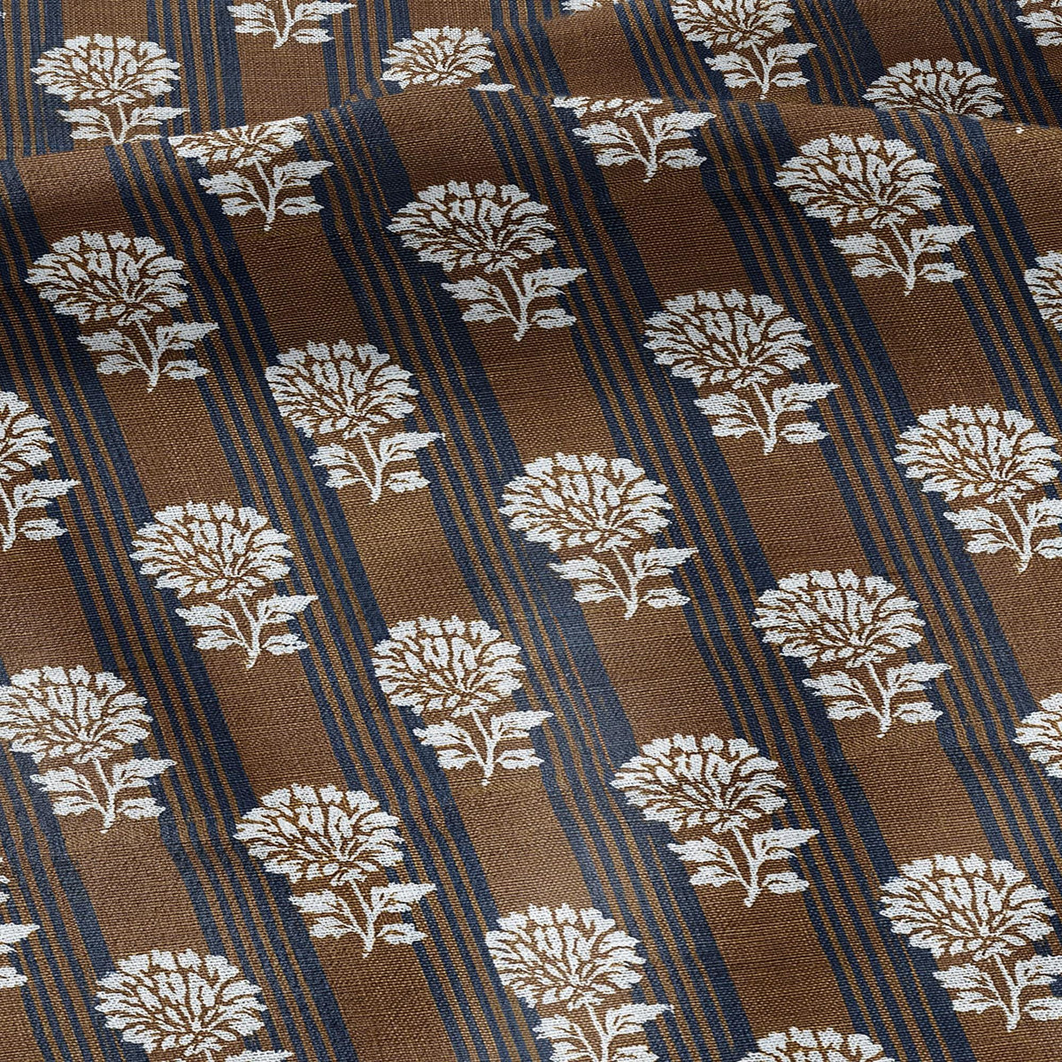 100% LINEN Fabric Brown blue flower block print - botanical textile artisan fabrics  3800