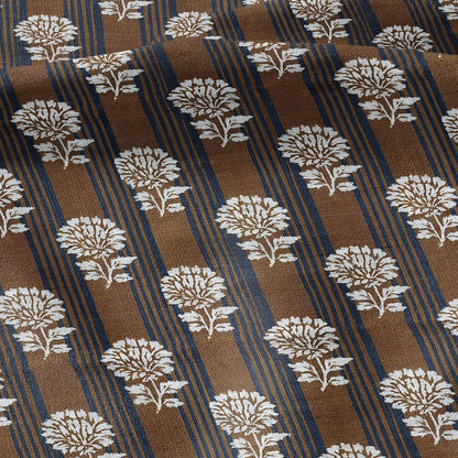100% LINEN Fabric Brown blue flower block print - botanical textile artisan fabrics  3800