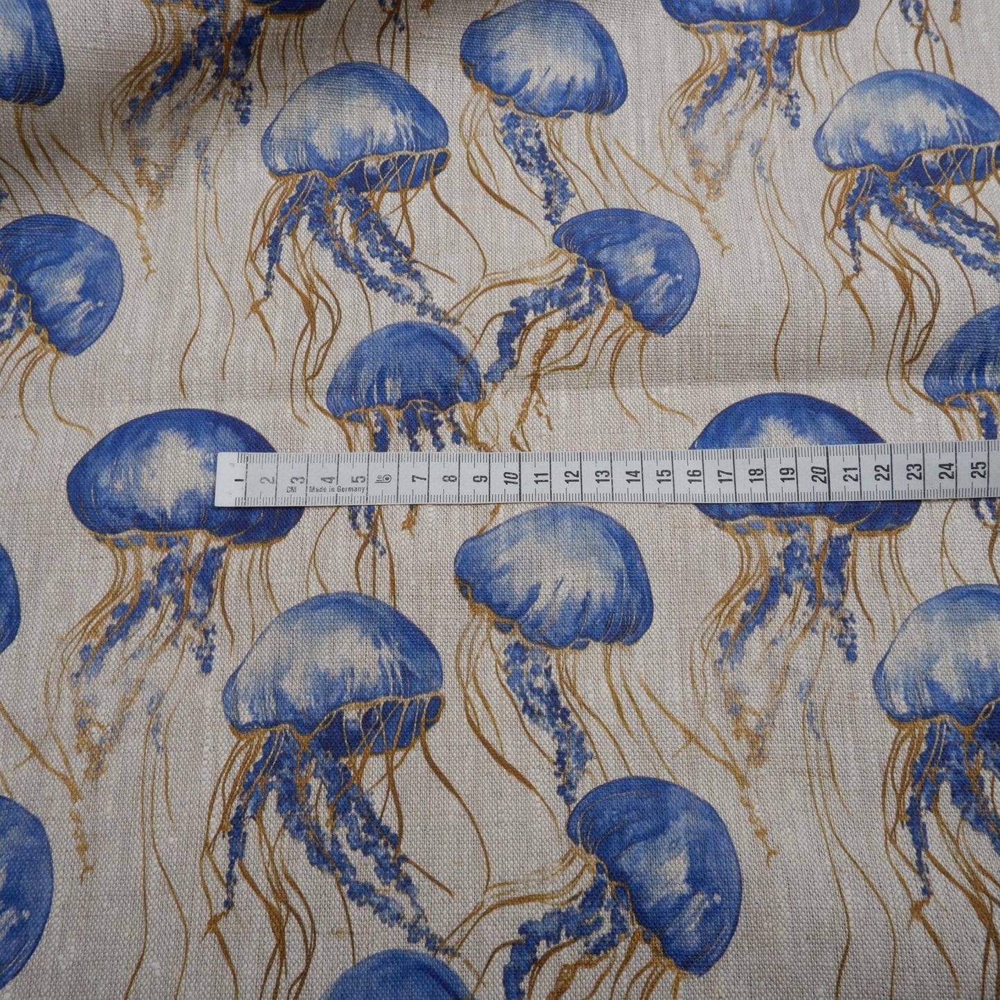 100% LINEN Fabric Jellyfish print, oatmeal linen fabric with blue grey coastal print for upholstery home decor Nautical Marine