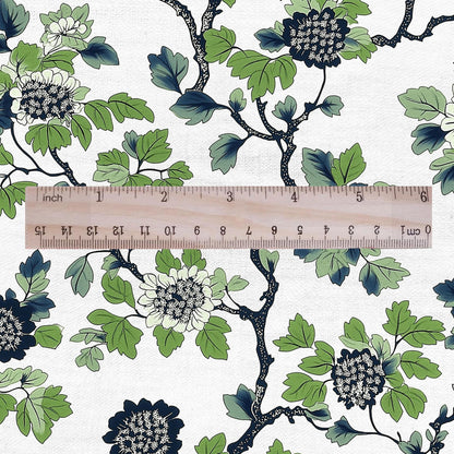 100% LINEN Fabric Leaves tree green print - Mid-century modern botanical stripe upholstery home textile artisan green white 2918