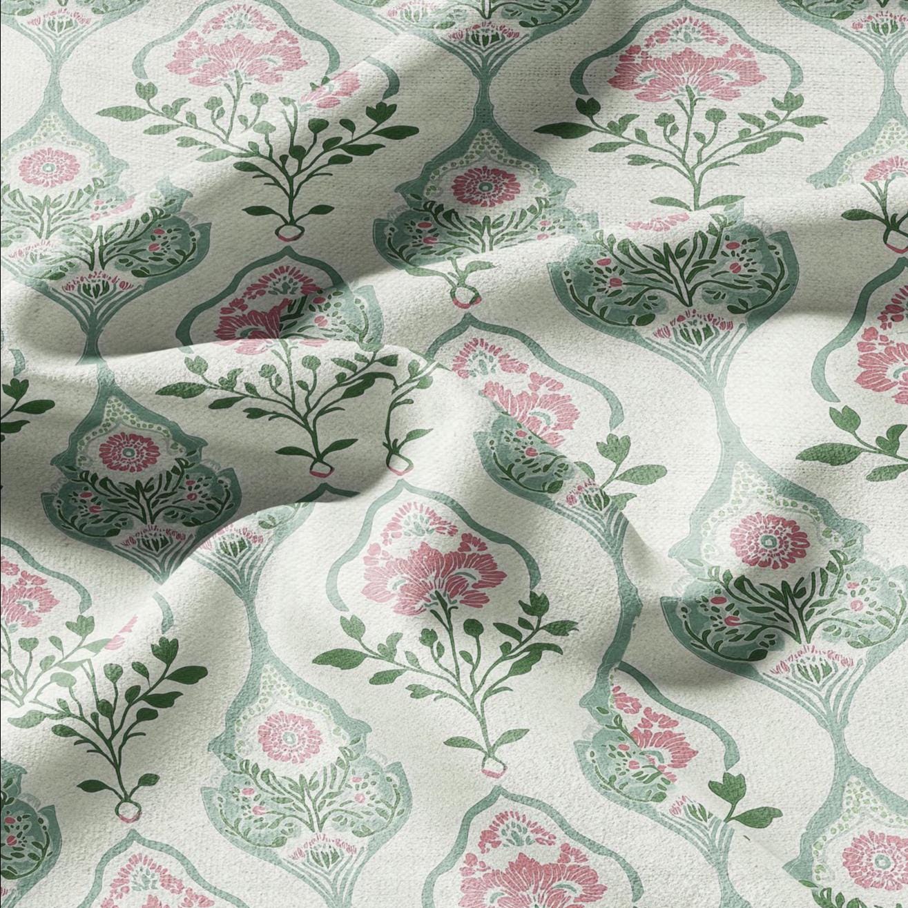 100% LINEN Fabric oriental print - preppy pink green floral block print - 2585 - upholstery home decor clothing sewing