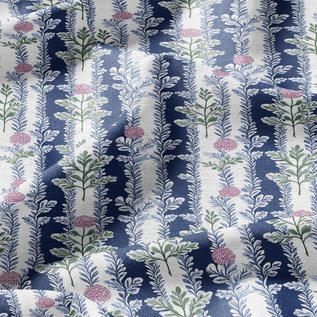 100% LINEN Fabric Floral stripe blue pink white - french botanical floral upholstery home textile Victorian fabrics 3092