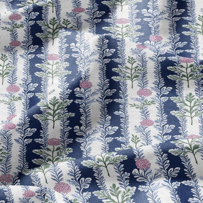 100% LINEN Fabric Floral stripe blue pink white - french botanical floral upholstery home textile Victorian fabrics 3092