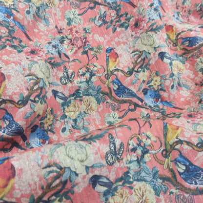 100% LINEN Fabric Toile de Jouy with flowers and birds, pink botanical print linen fabric for home decor upholstery