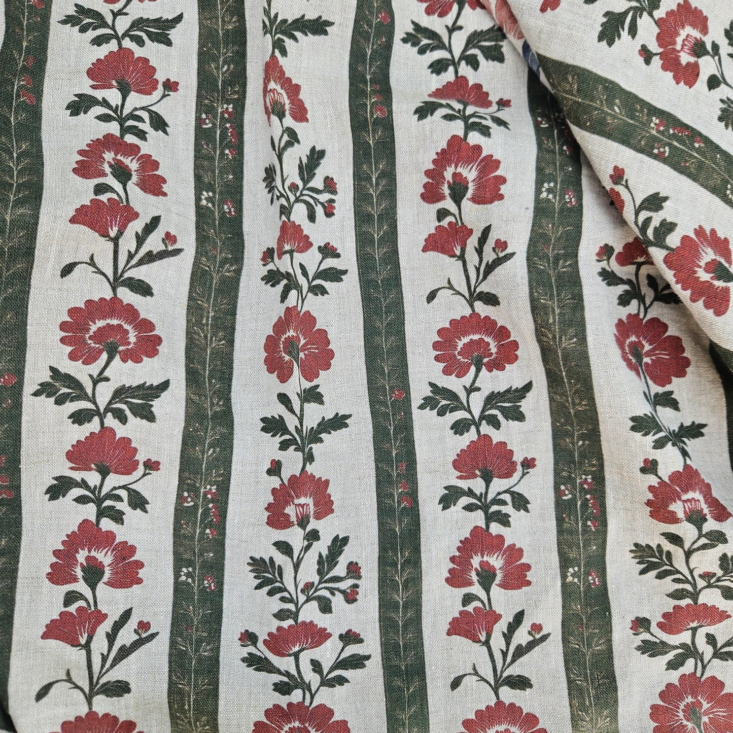 100% LINEN Fabric floral stripe block print on oatmeal linen - green red gray heavy fabric for upholstery - medium weight linen dress making