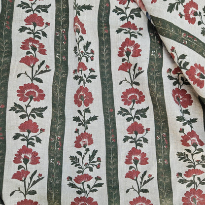 100% LINEN Fabric floral stripe block print on oatmeal linen - green red gray heavy fabric for upholstery - medium weight linen dress making