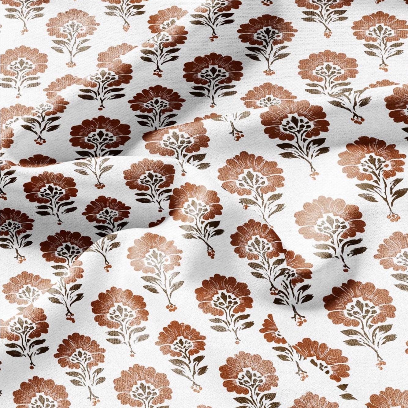 100% LINEN Fabric floral print - brown white flower block print linen heavy for upholstery home decor - medium for dress making 2827