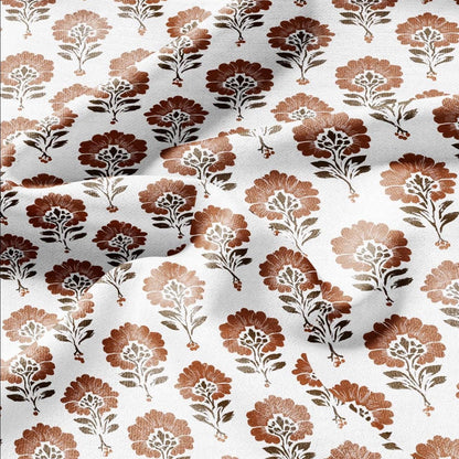 100% LINEN Fabric floral print - brown white flower block print linen heavy for upholstery home decor - medium for dress making 2827