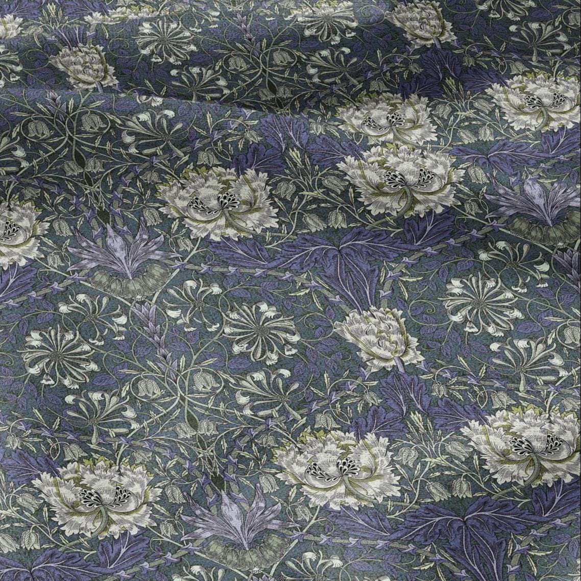 100% linen fabric William Morris Honeysuckle blue green print - Victorian Art crafts Historical pattern fabric upholstery dress making 3297