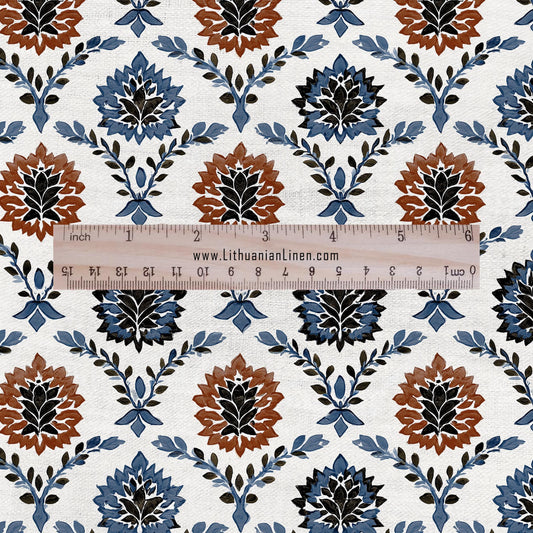 100% LINEN Fabric indigo blue red Vishamakonah block print - modern vintage indian floral linen fabric for upholstery or home decor 2831