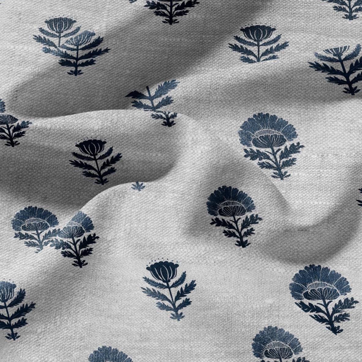 100% LINEN Fabric blue flower -  indian floral block print on oatmeal linen for home decor sewing dress clothing 2916