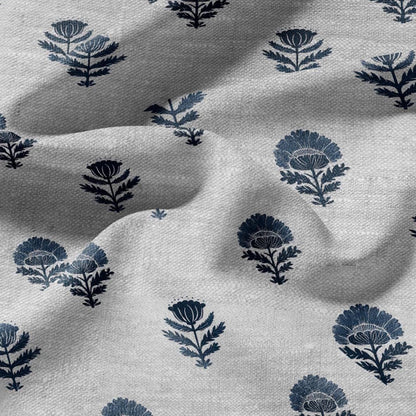 100% LINEN Fabric blue flower -  indian floral block print on oatmeal linen for home decor sewing dress clothing 2916