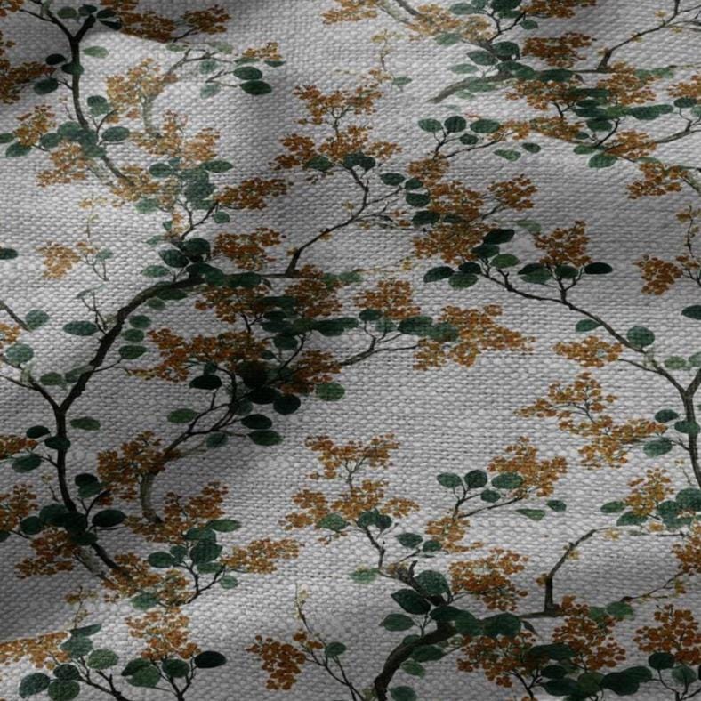 100% LINEN Fabric yellow mimosa blossom print - oatmeal linen fabric with floral botanical print - modern vintage 3057