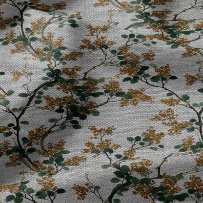 100% LINEN Fabric yellow mimosa blossom print - oatmeal linen fabric with floral botanical print - modern vintage 3057