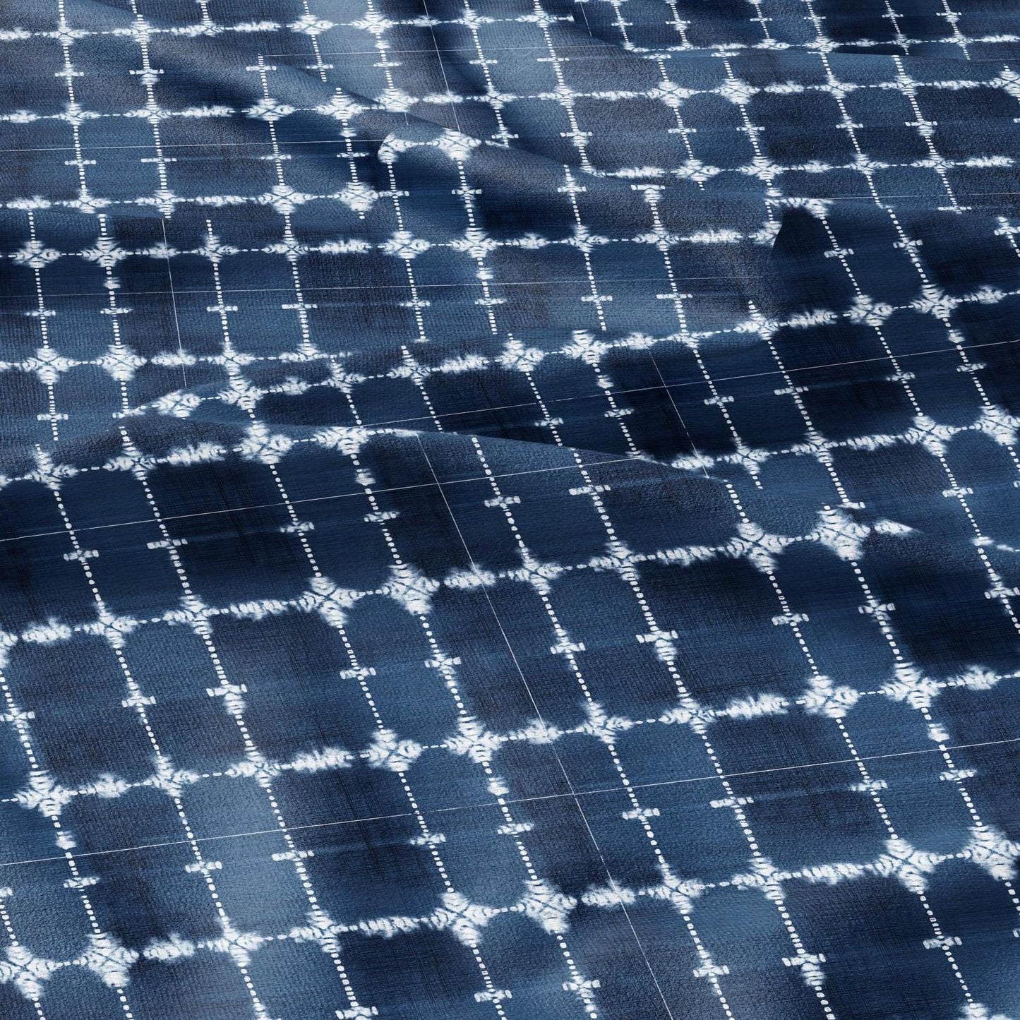 100% LINEN Fabric indigo blue print - Shibori abstract squares - upholstery curtains dress making 2982