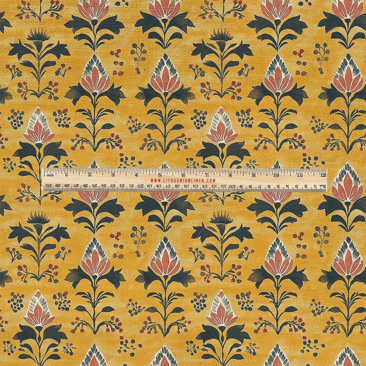 100% LINEN Fabric UPHOLSTERY 12oz - Mustard floral on linen - Modern vintage Grandmillenial  upholstery 2079