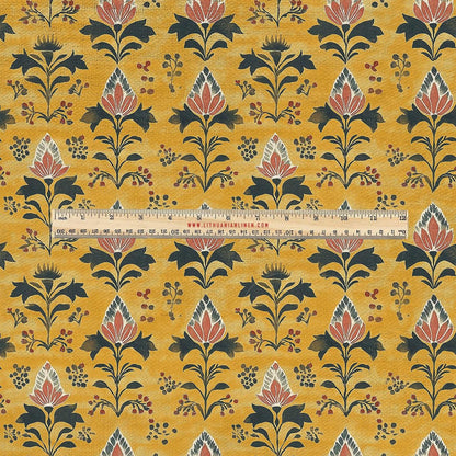 100% LINEN Fabric UPHOLSTERY 12oz - Mustard floral on linen - Modern vintage Grandmillenial  upholstery 2079