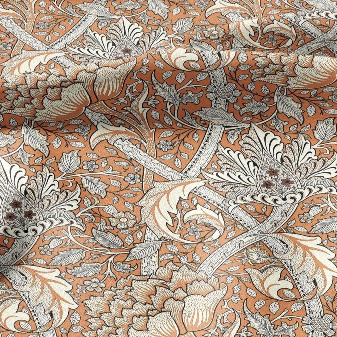 100% LINEN Fabric William Morris windrush orange print - British linen floral upholstery home textile Victorian fabrics 2739