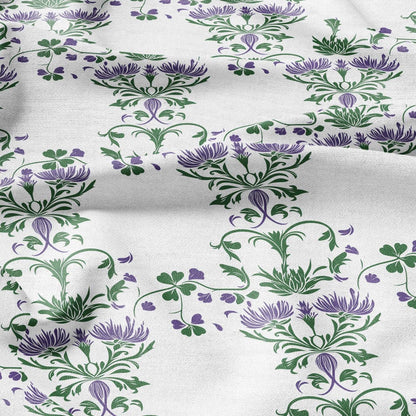 100% LINEN Fabric block print purple green white Thistle - Scandinavian floral print - heavy for upholstery medium for dressmaking 2004