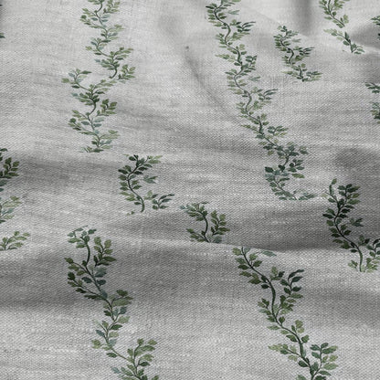 100% LINEN Fabric greenery  stripe print - oatmeal neutral fabric with green print - linen fabric upholstery home decor dressmaking 2709