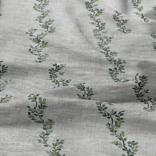 100% LINEN Fabric greenery  stripe print - oatmeal neutral fabric with green print - linen fabric upholstery home decor dressmaking 2709