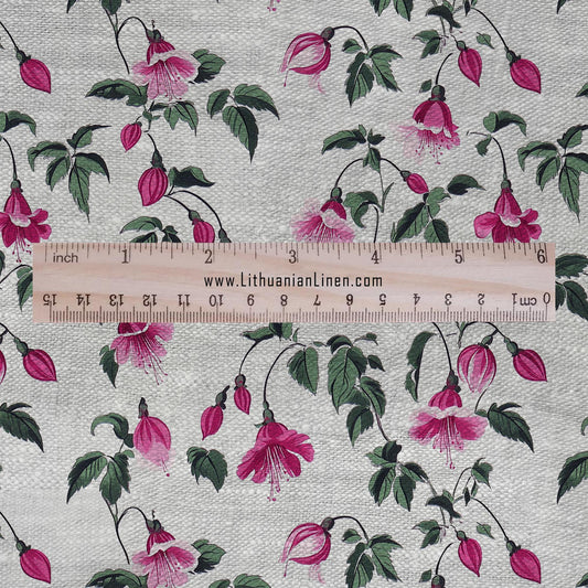 100% LINEN Fabric Fuchsia flower print - Pink floral Modern vintage fabric - upholstery home decor sewing clothing 2377